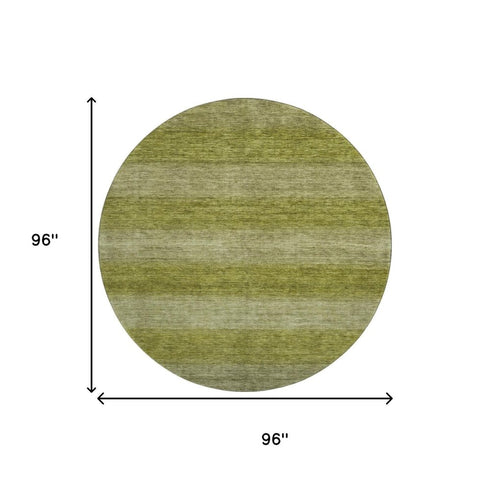 8' Artichoke Green And Fern Green Striped Washable Round Rug With UV Protection
