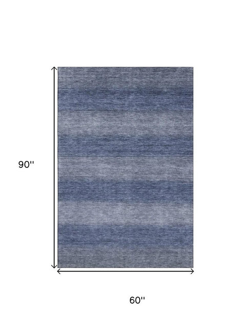 5' X 8' Blue And Sky Blue Striped Washable Area Rug With UV Protection