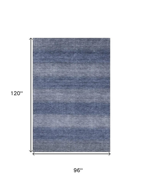 8' X 10' Blue And Sky Blue Striped Washable Area Rug With UV Protection