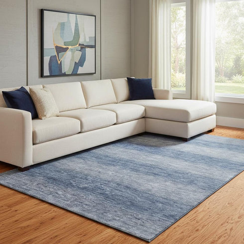 8' X 10' Blue And Sky Blue Striped Washable Area Rug With UV Protection