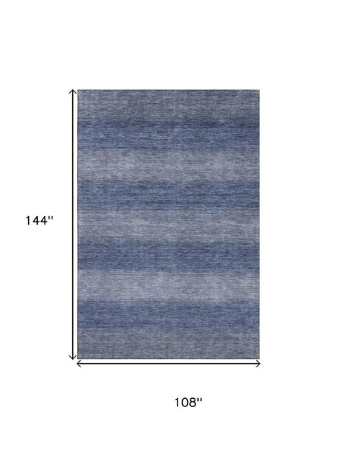 9' X 12' Blue And Sky Blue Striped Washable Area Rug With UV Protection