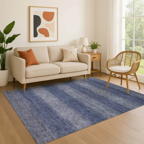 9' X 12' Blue And Sky Blue Striped Washable Area Rug With UV Protection