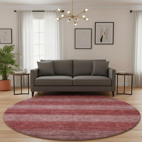 8' Rust And Coral Striped Washable Round Rug With UV Protection