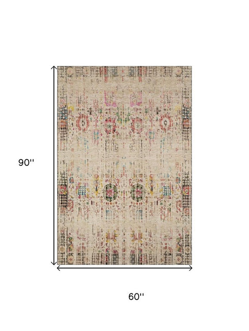 5' X 8' Beige Red And Pink Oriental Washable Area Rug With UV Protection