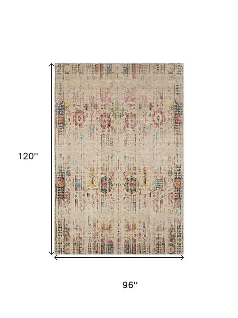 8' X 10' Beige Red And Pink Oriental Washable Area Rug With UV Protection