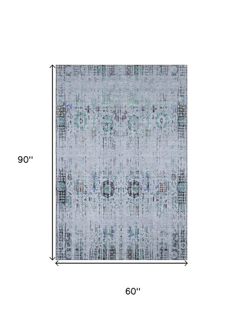 5' X 8' Blue Green And Charcoal Oriental Washable Area Rug With UV Protection