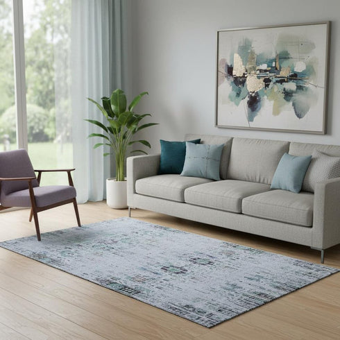 5' X 8' Blue Green And Charcoal Oriental Washable Area Rug With UV Protection
