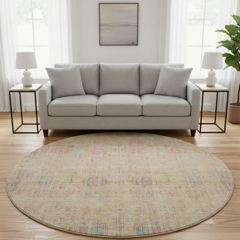 8' Tan Blue And Green Oriental Washable Round Rug With UV Protection
