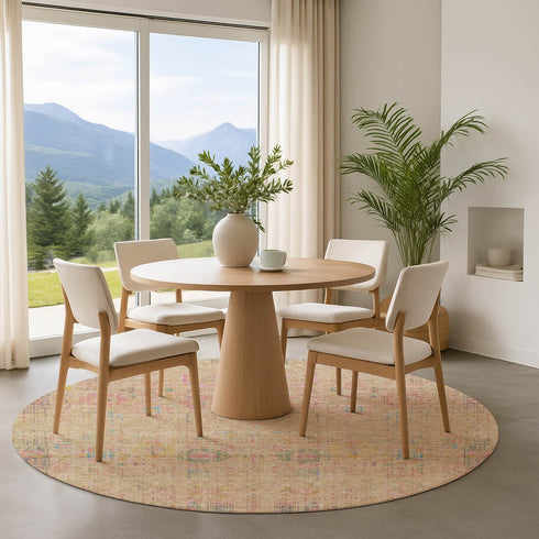 8' Tan Blue And Green Oriental Washable Round Rug With UV Protection