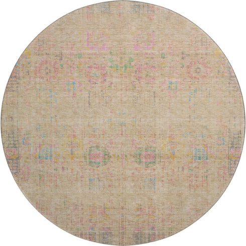 8' Tan Blue And Green Oriental Washable Round Rug With UV Protection