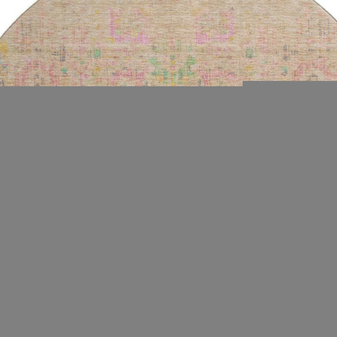 8' Tan Blue And Green Oriental Washable Round Rug With UV Protection