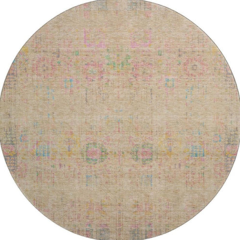 8' Tan Blue And Green Oriental Washable Round Rug With UV Protection