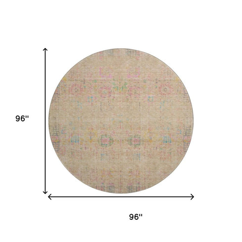 8' Tan Blue And Green Oriental Washable Round Rug With UV Protection