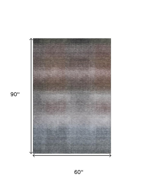 5' X 8' Brown Copper And Gray Striped Washable Area Rug With UV Protection