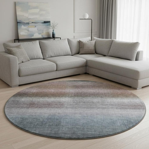8' Brown Copper And Gray Striped Washable Round Rug With UV Protection