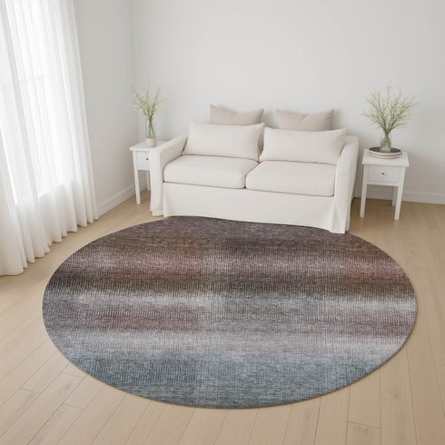 8' Brown Copper And Gray Striped Washable Round Rug With UV Protection