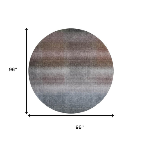 8' Brown Copper And Gray Striped Washable Round Rug With UV Protection