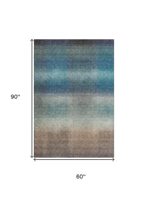 5' X 8' Blue Copper And Gray Striped Washable Area Rug With UV Protection