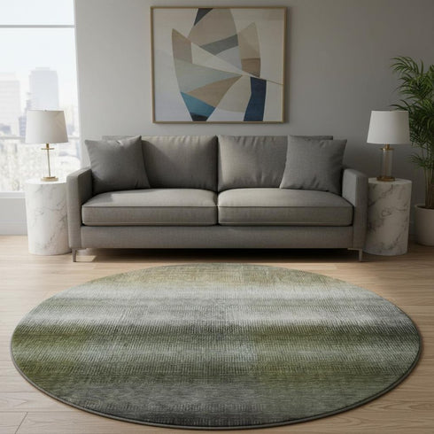 8' Pewter Green And Silver Striped Washable Round Rug With UV Protection