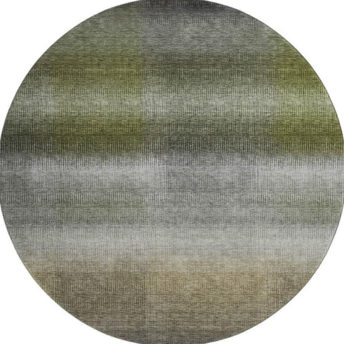 8' Pewter Green And Silver Striped Washable Round Rug With UV Protection