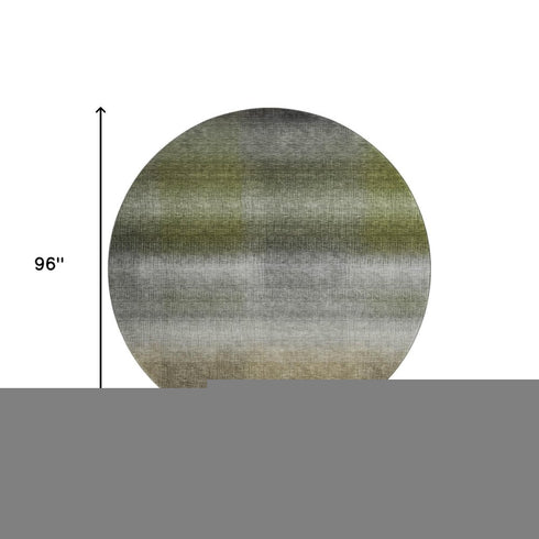 8' Pewter Green And Silver Striped Washable Round Rug With UV Protection