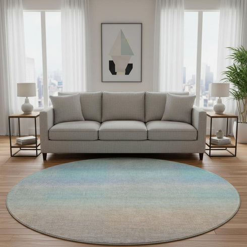 8' Sky Blue Peach And Lilac Striped Washable Round Rug With UV Protection
