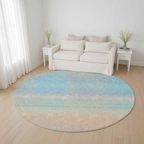 8' Sky Blue Peach And Lilac Striped Washable Round Rug With UV Protection