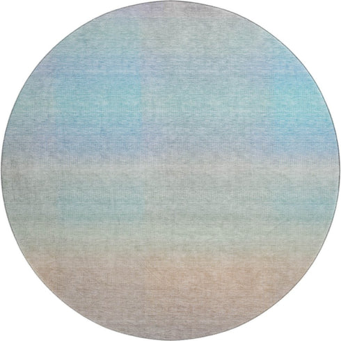 8' Sky Blue Peach And Lilac Striped Washable Round Rug With UV Protection