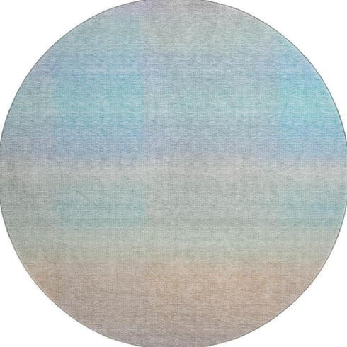 8' Sky Blue Peach And Lilac Striped Washable Round Rug With UV Protection