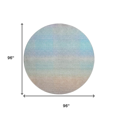 8' Sky Blue Peach And Lilac Striped Washable Round Rug With UV Protection
