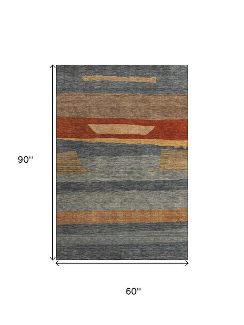 5' X 8' Blue Rust And Gold Striped Washable Area Rug With UV Protection