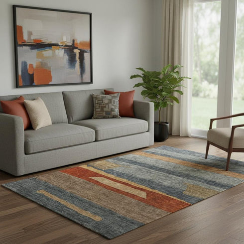 5' X 8' Blue Rust And Gold Striped Washable Area Rug With UV Protection