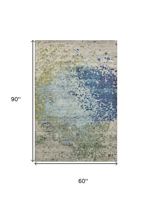 5' X 8' Blue Green And Beige Abstract Washable Area Rug With UV Protection