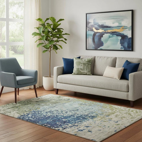 5' X 8' Blue Green And Beige Abstract Washable Area Rug With UV Protection