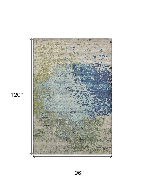 8' X 10' Blue Green And Beige Abstract Washable Area Rug With UV Protection