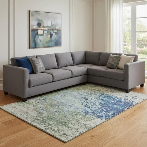 8' X 10' Blue Green And Beige Abstract Washable Area Rug With UV Protection