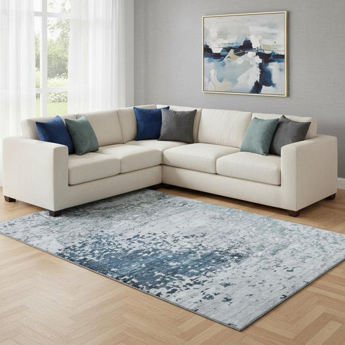 8' X 10' Denim Blue Gray And Sky Blue Abstract Washable Area Rug With UV Protection