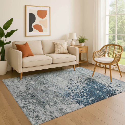 8' X 10' Denim Blue Gray And Sky Blue Abstract Washable Area Rug With UV Protection