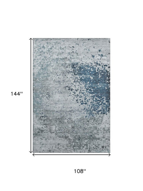 9' X 12' Denim Blue Gray And Sky Blue Abstract Washable Area Rug With UV Protection