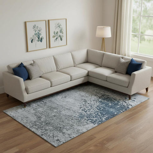 9' X 12' Denim Blue Gray And Sky Blue Abstract Washable Area Rug With UV Protection