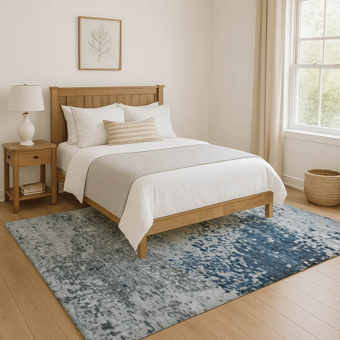 9' X 12' Denim Blue Gray And Sky Blue Abstract Washable Area Rug With UV Protection
