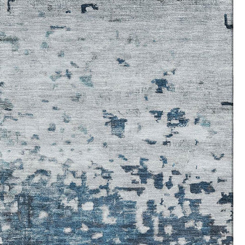 9' X 12' Denim Blue Gray And Sky Blue Abstract Washable Area Rug With UV Protection