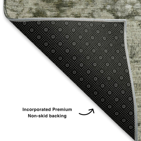 5' X 8' Graphite Green And Ivory Abstract Washable Area Rug With UV Protection