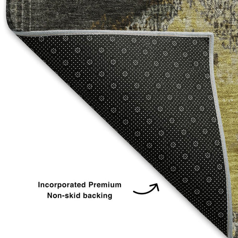 5' X 8' Brown Gray And Gold Abstract Washable Area Rug With UV Protection