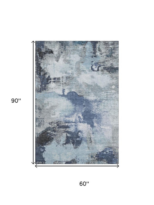 5' X 8' Blue Ivory And Gray Abstract Washable Area Rug With UV Protection