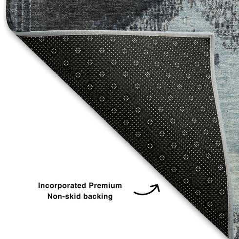 5' X 8' Blue Ivory And Gray Abstract Washable Area Rug With UV Protection