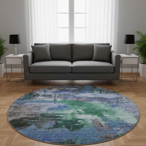 8' Green Purple And Brown Abstract Washable Round Rug With UV Protection