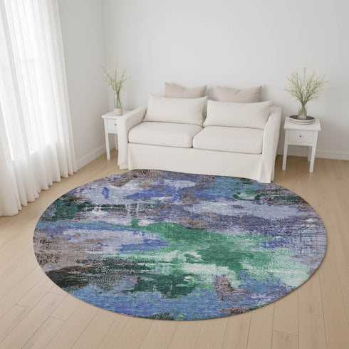 8' Green Purple And Brown Abstract Washable Round Rug With UV Protection