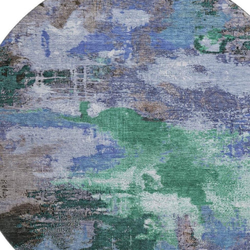8' Green Purple And Brown Abstract Washable Round Rug With UV Protection