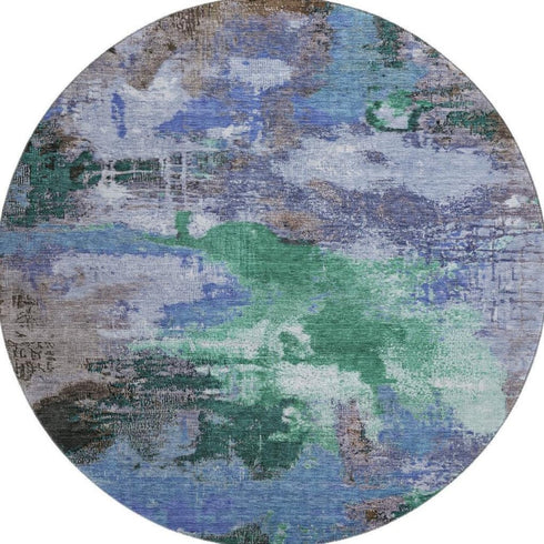 8' Green Purple And Brown Abstract Washable Round Rug With UV Protection